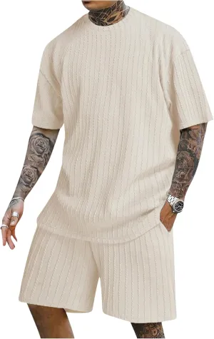 Men's 2 Piece Outfits Textured Drop Shoulder T Shirt and Short Sets Summer Outfits Tracksuit