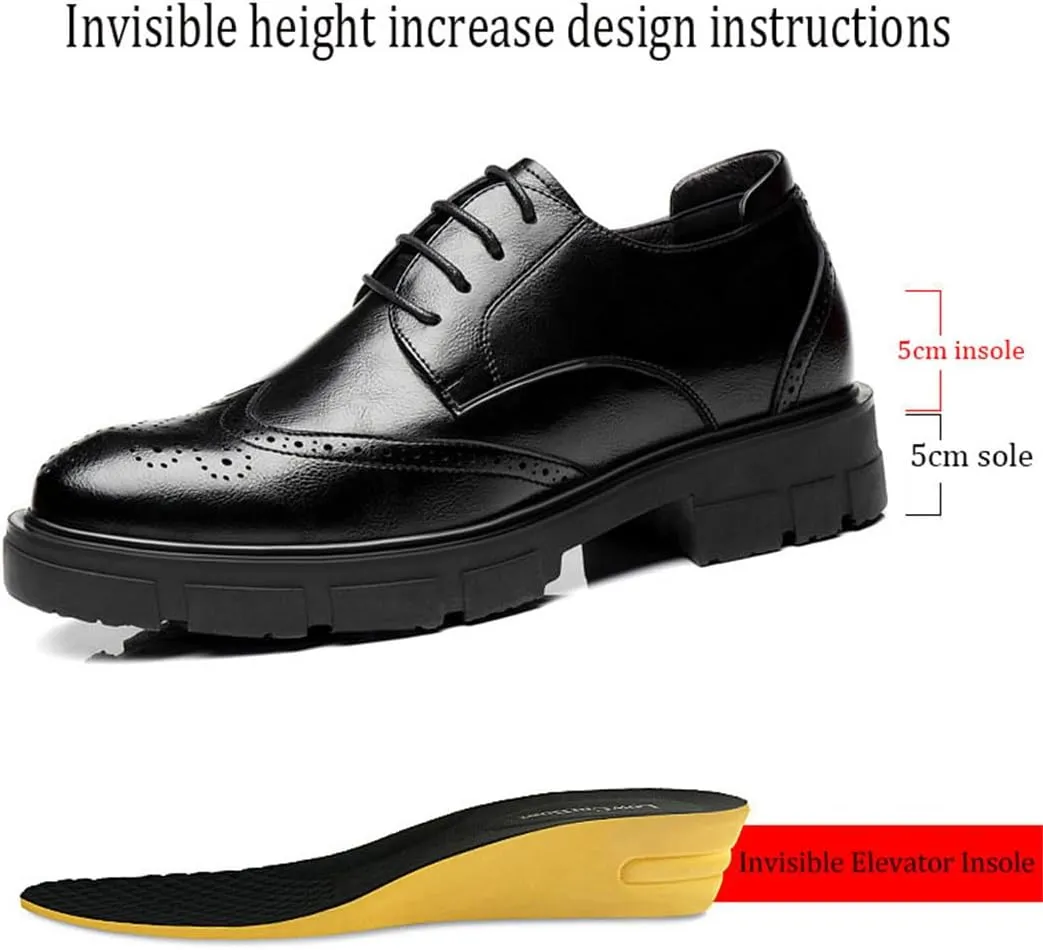 Mens Formal Elevator Wedding Shoes, Leather Invisible Height Increasing Brogues Lace-Ups Stacked Heel Office Oxfords