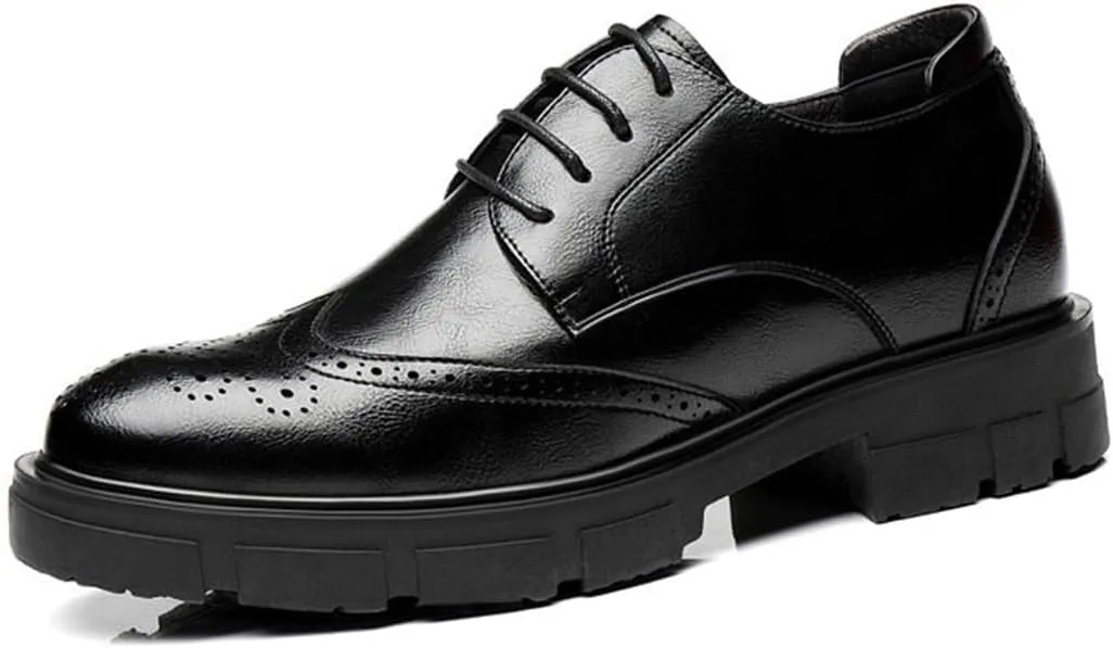 Mens Formal Elevator Wedding Shoes, Leather Invisible Height Increasing Brogues Lace-Ups Stacked Heel Office Oxfords