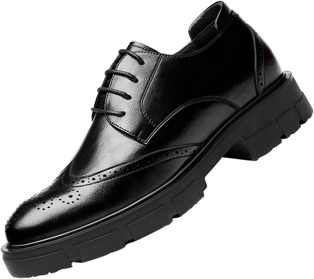 Mens Formal Elevator Wedding Shoes, Leather Invisible Height Increasing Brogues Lace-Ups Stacked Heel Office Oxfords