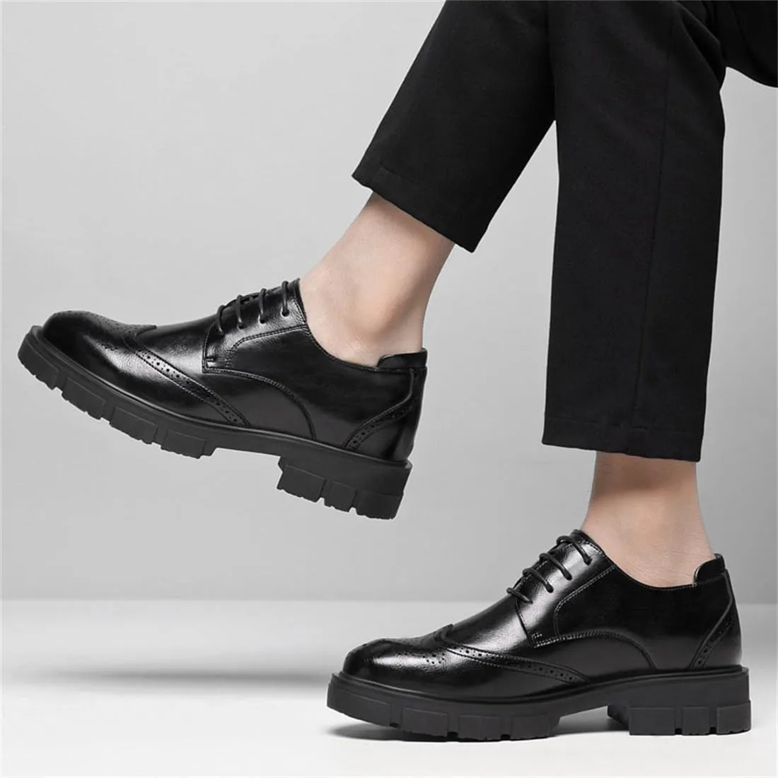 Mens Formal Elevator Wedding Shoes, Leather Invisible Height Increasing Brogues Lace-Ups Stacked Heel Office Oxfords