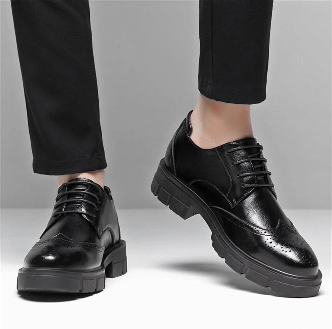 Mens Formal Elevator Wedding Shoes, Leather Invisible Height Increasing Brogues Lace-Ups Stacked Heel Office Oxfords