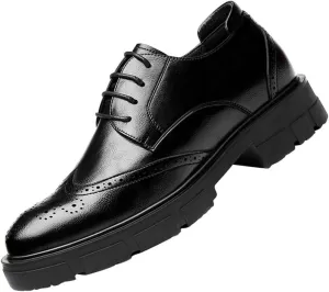 Mens Formal Elevator Wedding Shoes, Leather Invisible Height Increasing Brogues Lace-Ups Stacked Heel Office Oxfords