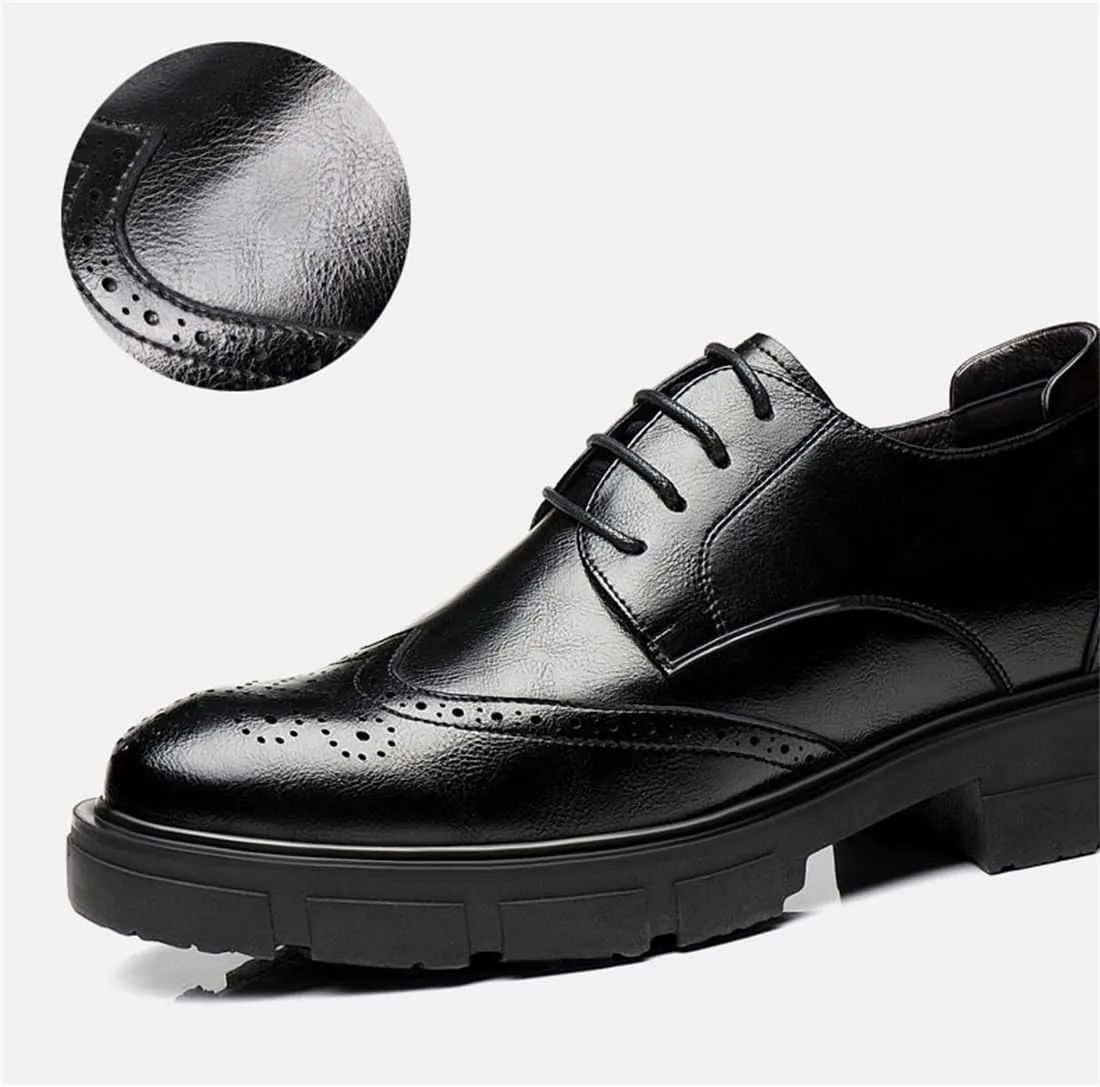 Mens Formal Elevator Wedding Shoes, Leather Invisible Height Increasing Brogues Lace-Ups Stacked Heel Office Oxfords