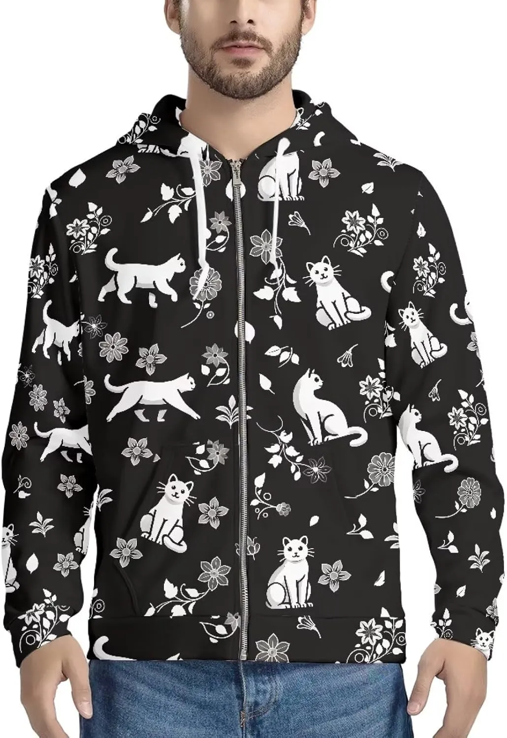 Mens Full Zip Hoodie Casual Loose Fit Long Sleeve Hooded Sweatshirt With Pocket
