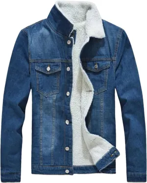 Men's Trucker Denim Jacket Fur Lining Winter Vintage Warm Coat Cold Weather Outerwear Large Size