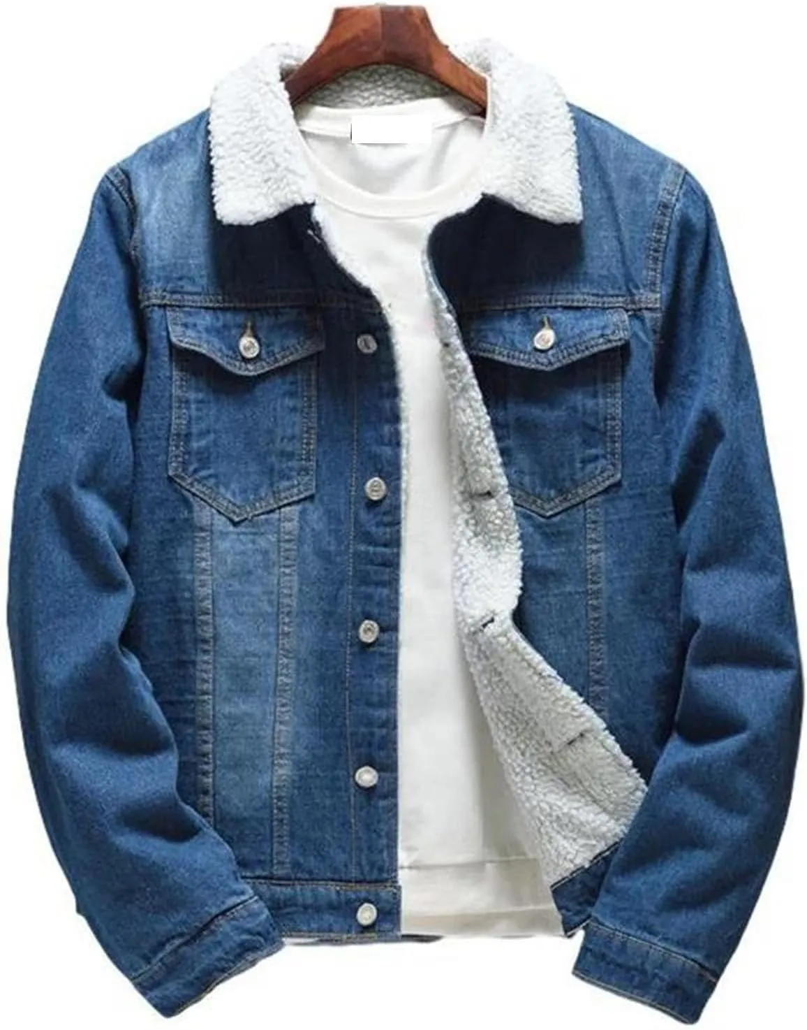 Men's Trucker Denim Jacket Fur Lining Winter Vintage Warm Coat Cold Weather Outerwear Large Size