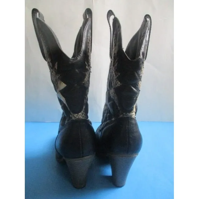 Mia Black And Cream Girl Laurene Taupe Lizard Motif Pull On Cowboy Bootsbooties Size Us