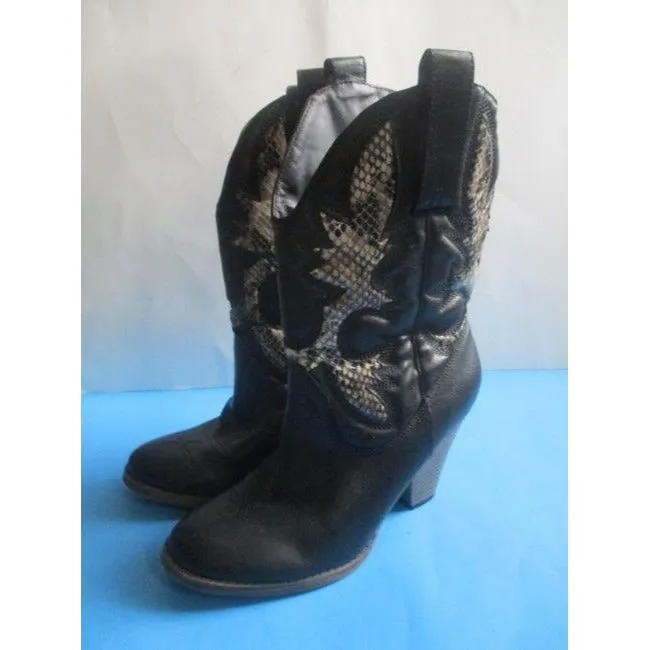 Mia Black And Cream Girl Laurene Taupe Lizard Motif Pull On Cowboy Bootsbooties Size Us
