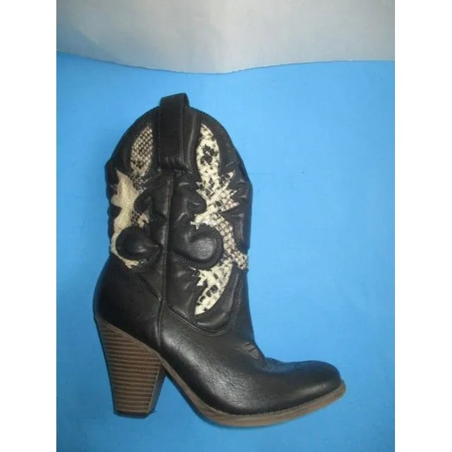 Mia Black And Cream Girl Laurene Taupe Lizard Motif Pull On Cowboy Bootsbooties Size Us