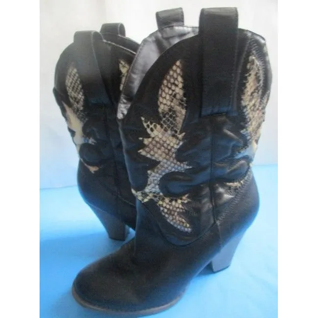Mia Black And Cream Girl Laurene Taupe Lizard Motif Pull On Cowboy Bootsbooties Size Us