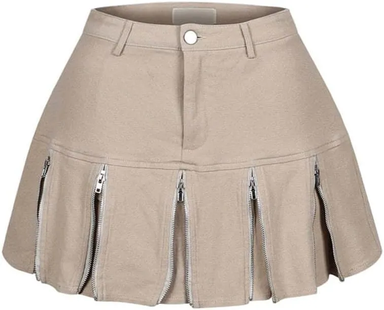 Molisry Women's High Waisted Pleated Skirt Multiple Zipper A-Line Trendy Cargo Mini Skirt Y2K Streetwear
