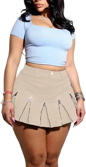Molisry Women's High Waisted Pleated Skirt Multiple Zipper A-Line Trendy Cargo Mini Skirt Y2K Streetwear