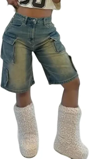 NRTHYE Women Denim Shorts High Waisted Straight Leg Casual Cargo Jean Shorts with Pockets