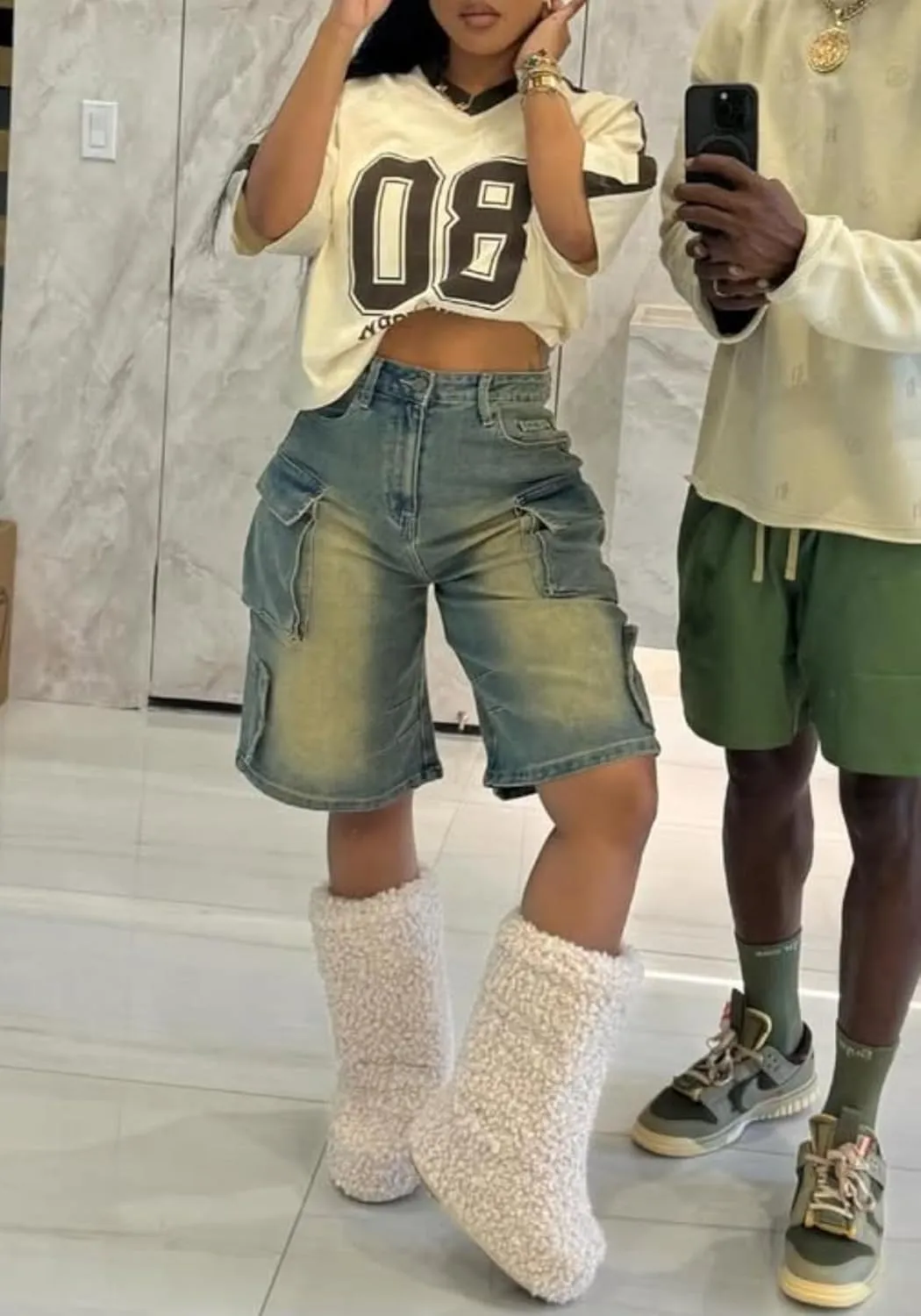 NRTHYE Women Denim Shorts High Waisted Straight Leg Casual Cargo Jean Shorts with Pockets