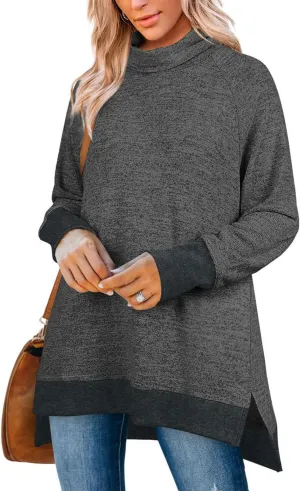 OFEEFAN Women's Turtle Neck Sweatshirts High Low Hem Side Slit
