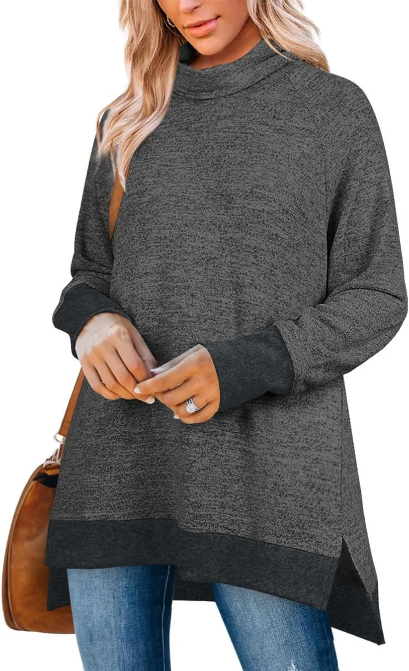 OFEEFAN Women's Turtle Neck Sweatshirts High Low Hem Side Slit