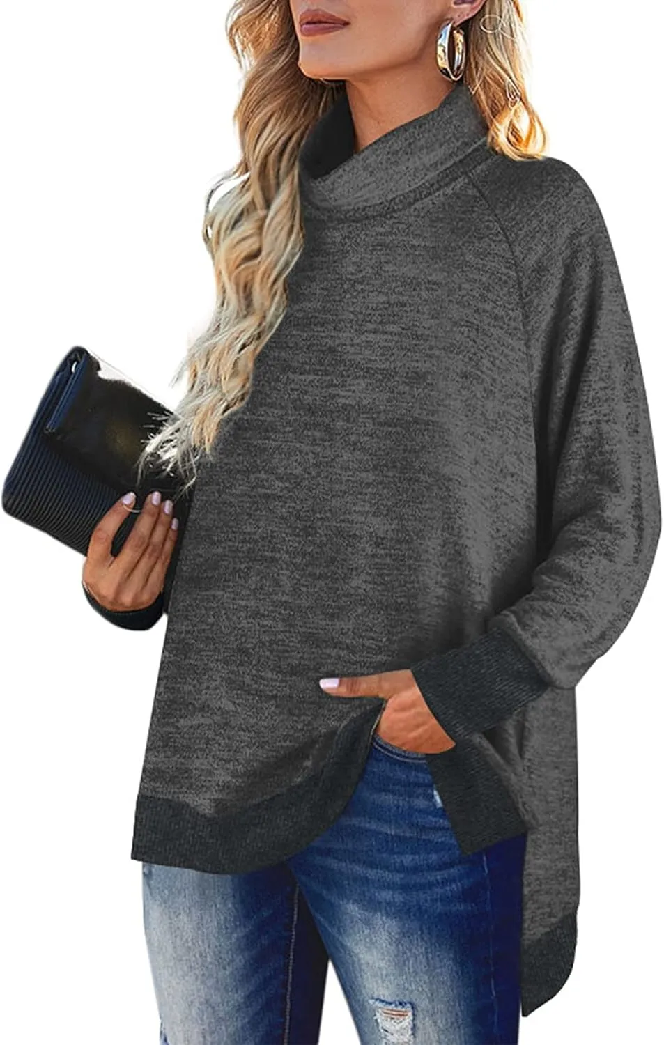 OFEEFAN Women's Turtle Neck Sweatshirts High Low Hem Side Slit