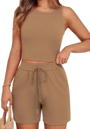 OMZIN Women Holiday Casual 2 Piece Set Crew Neck Tight Vest and Drawstring Waist Soft Shorts