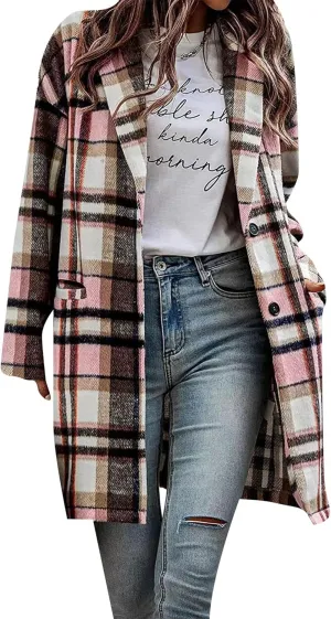 OMZIN Women's Casual Button Wool Blend Winter Tartan Trench Coat Plaid Baggy Jacket with Pockets