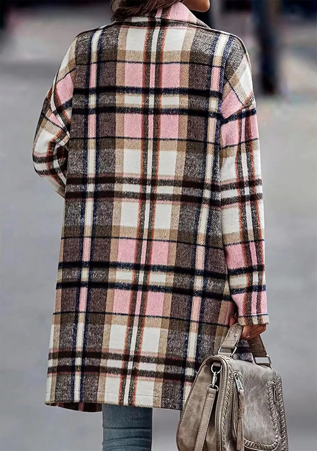 OMZIN Women's Casual Button Wool Blend Winter Tartan Trench Coat Plaid Baggy Jacket with Pockets
