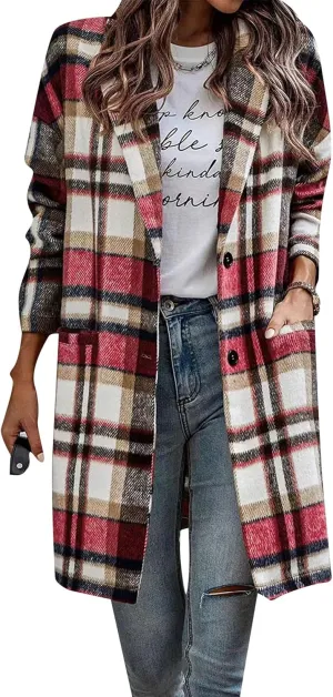 OMZIN Women's Casual Button Wool Blend Winter Tartan Trench Coat Plaid Baggy Jacket with Pockets
