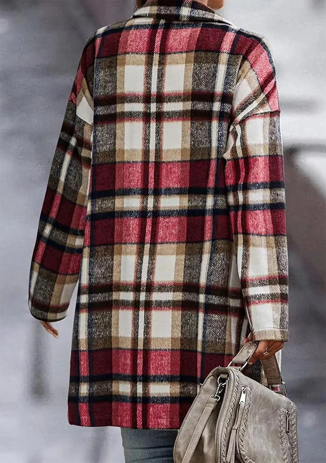 OMZIN Women's Casual Button Wool Blend Winter Tartan Trench Coat Plaid Baggy Jacket with Pockets