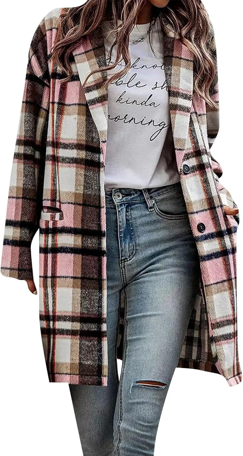 OMZIN Women's Casual Button Wool Blend Winter Tartan Trench Coat Plaid Baggy Jacket with Pockets