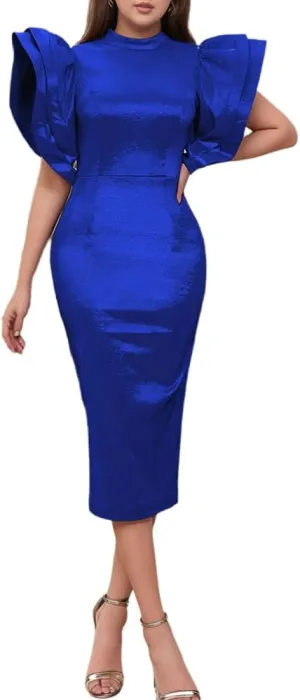ONTINVA Satin High Neck Ruffled Tiered Sleeves Midi Dresses for Women Elegant High Waist Formal Party Cocktail Dress