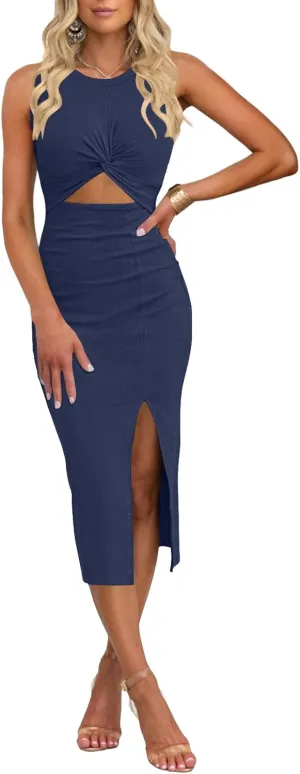 oten Women's Casual Sleeveless Cutout Twist Front Side Slit Ribbed Knit Party Bodycon Midi Dresses