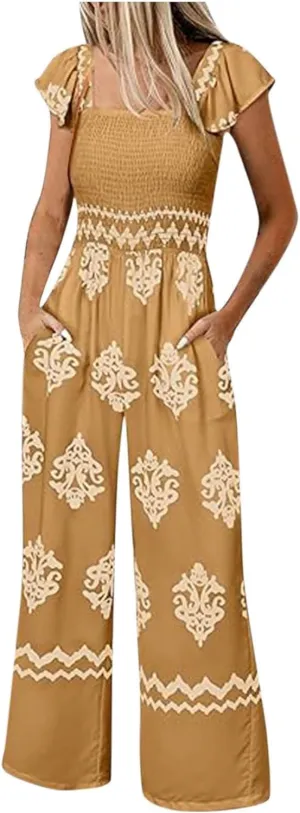 Overalls for Women Loose Floral Summer Romper Wide Leg One Piece Jumpsuits Boho Beach Vacation Outfits with Pockets