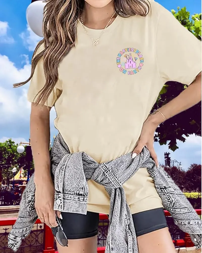 Oversized Magical Shirts for Women Happiest Place On Earth Tshirts Cute Graphic Tees Summer Family Casual Tops