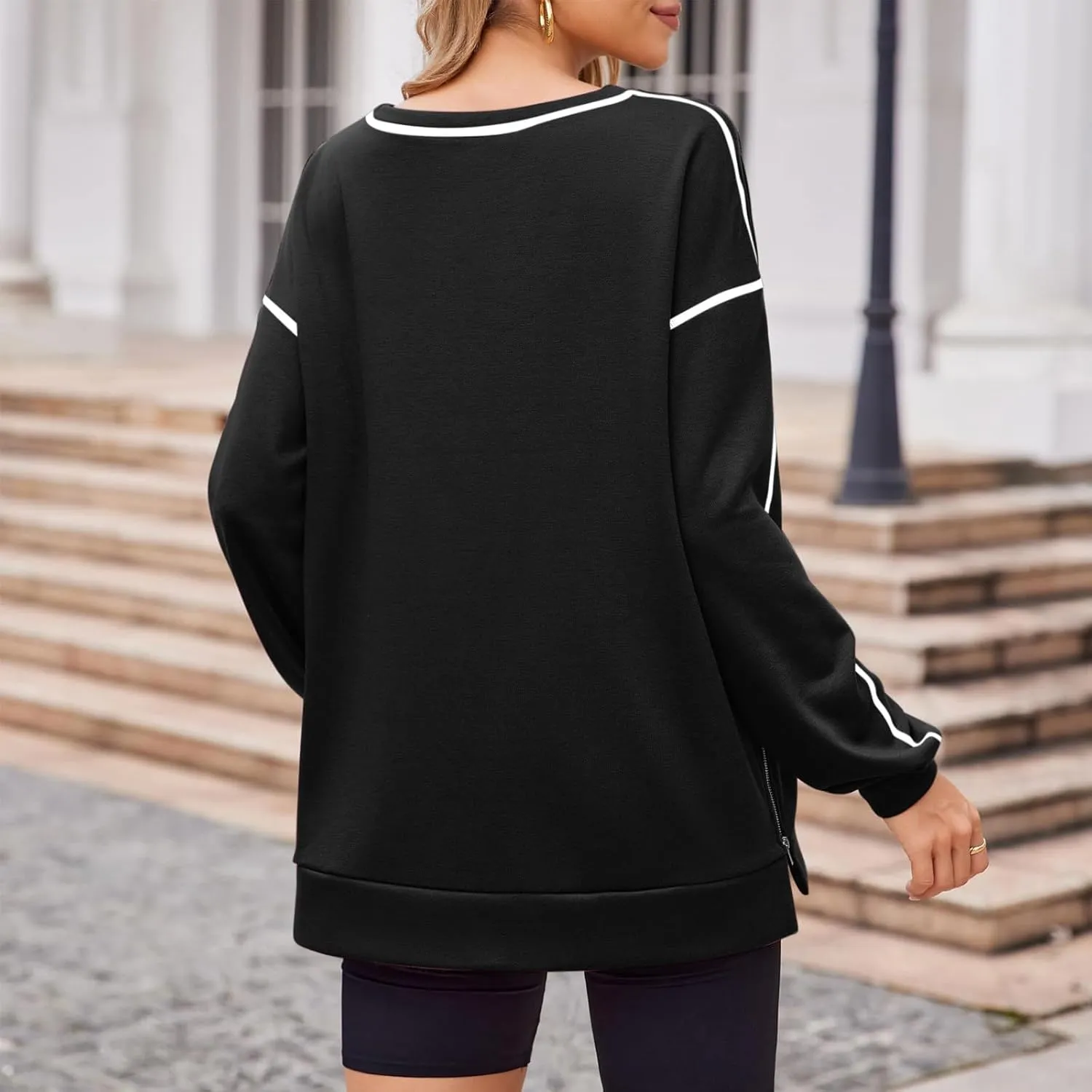 Oversized Sweatshirt for Women Crewneck Side Zipper Tunic Tops Long Sleeve Hoodie Fall Winter Pullover Sweaters
