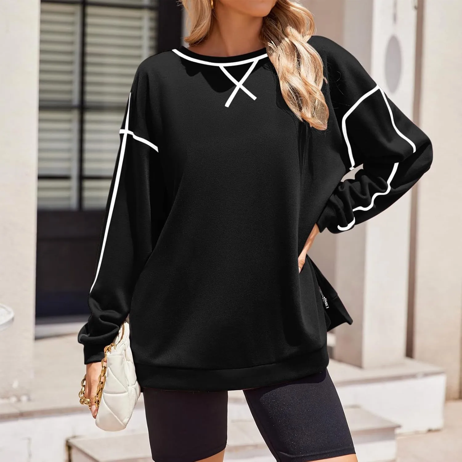 Oversized Sweatshirt for Women Crewneck Side Zipper Tunic Tops Long Sleeve Hoodie Fall Winter Pullover Sweaters