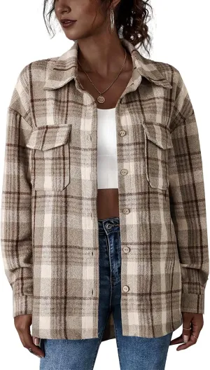 PEHMEA Women's Casual Long Sleeve Plaid Lapel Button Down Shirt Blouse Tops with Pockets