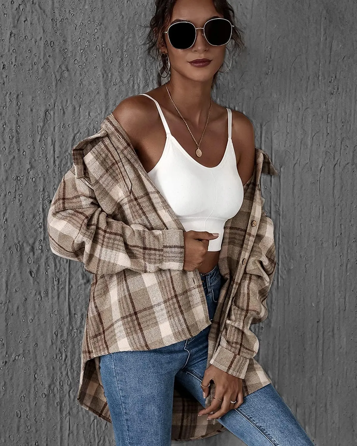 PEHMEA Women's Casual Long Sleeve Plaid Lapel Button Down Shirt Blouse Tops with Pockets