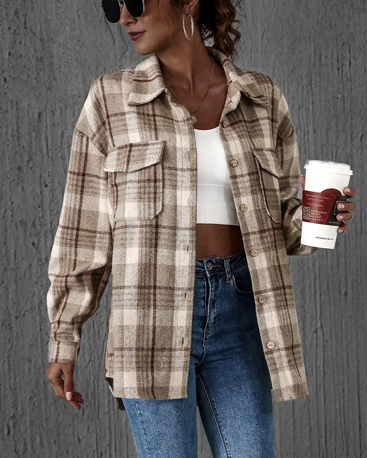 PEHMEA Women's Casual Long Sleeve Plaid Lapel Button Down Shirt Blouse Tops with Pockets