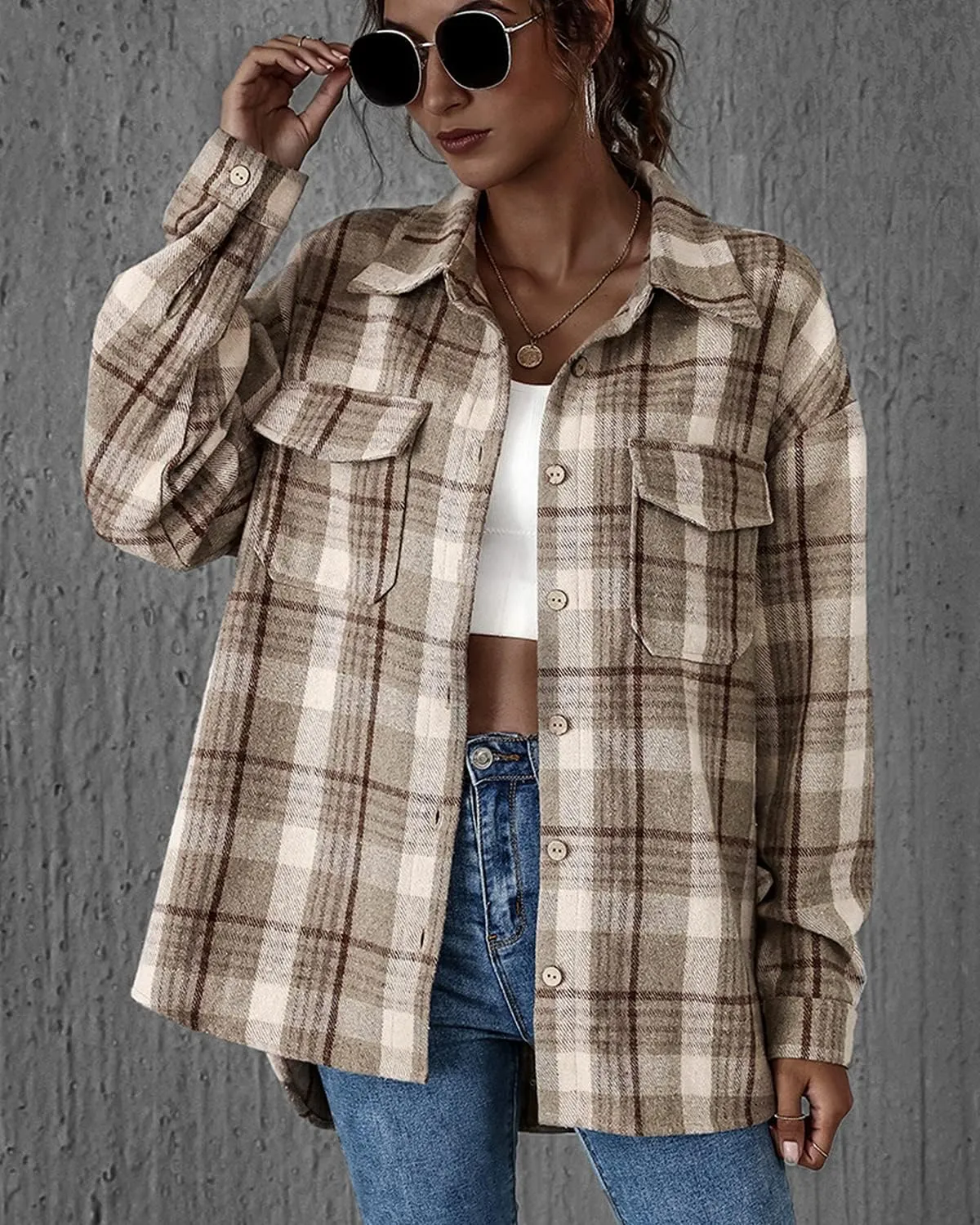 PEHMEA Women's Casual Long Sleeve Plaid Lapel Button Down Shirt Blouse Tops with Pockets