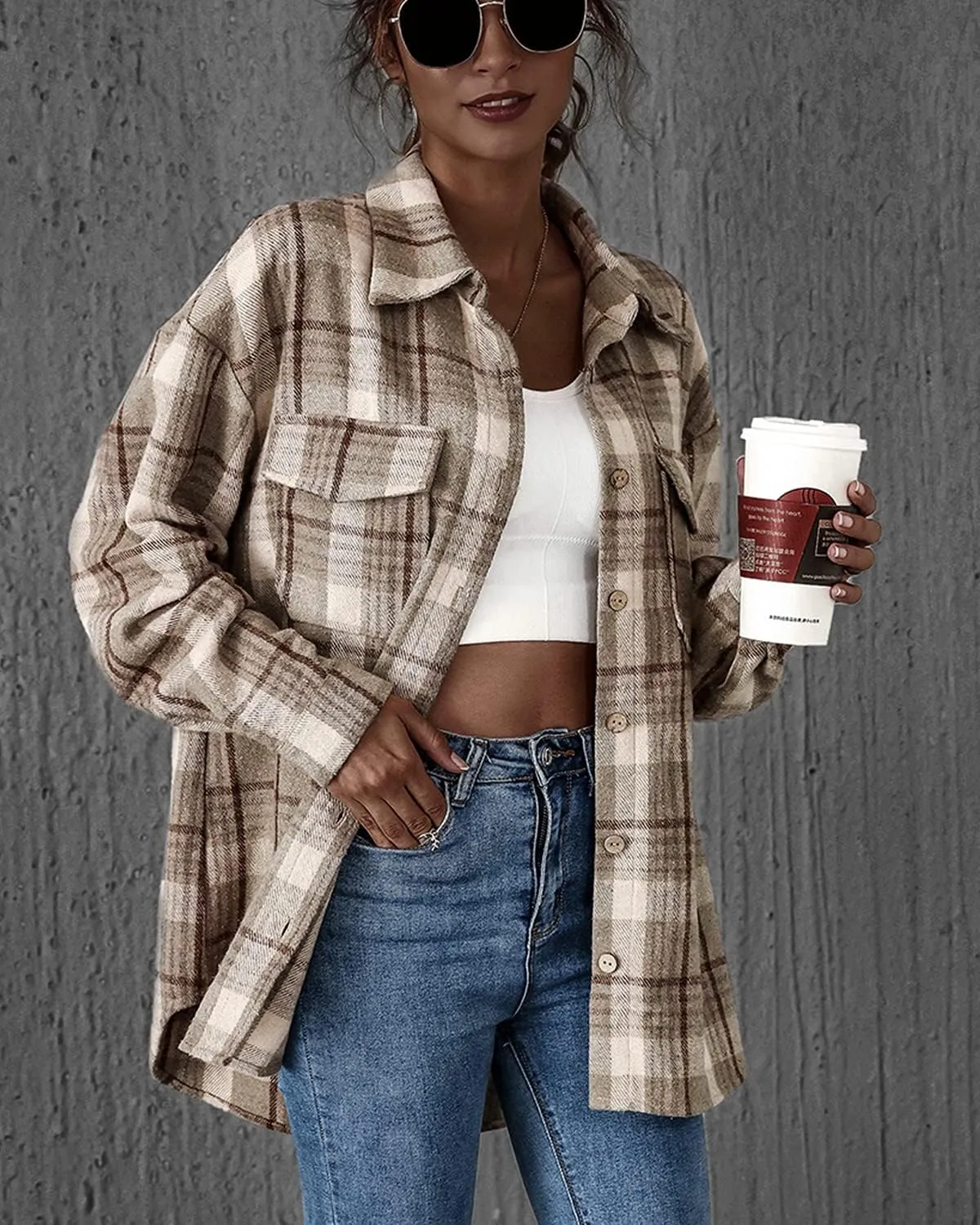 PEHMEA Women's Casual Long Sleeve Plaid Lapel Button Down Shirt Blouse Tops with Pockets
