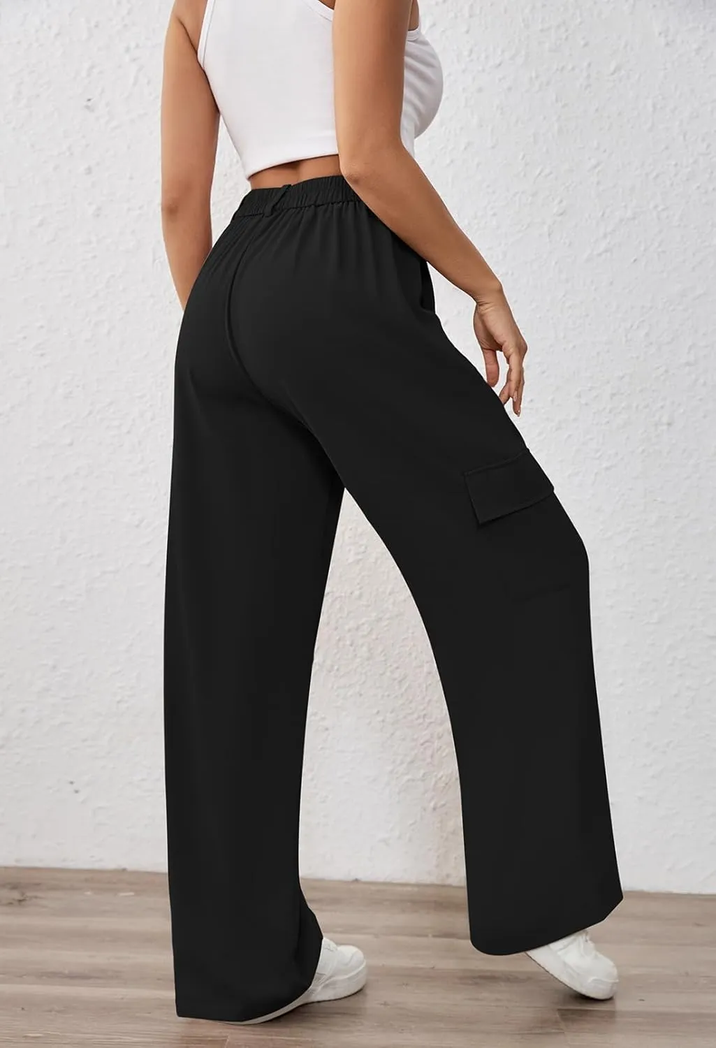 Pink Queen Women High Waisted Wide Leg Cargo Pants Button Down Loose Casual Trendy Work Trousers with 4 Pockets