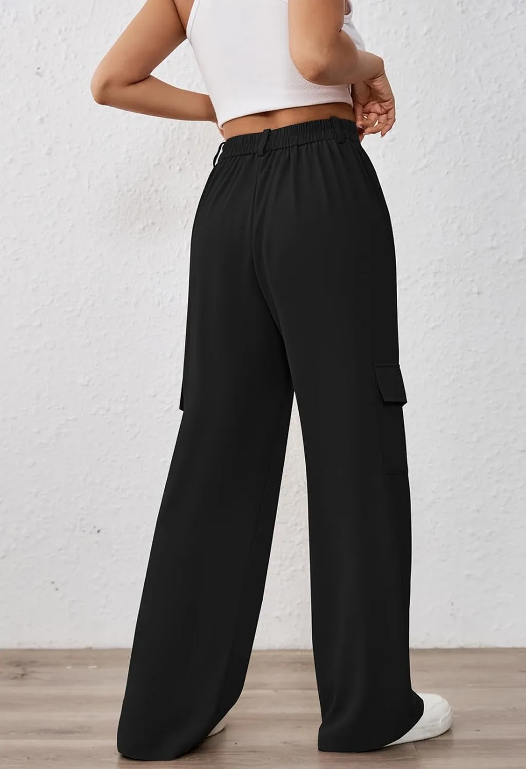 Pink Queen Women High Waisted Wide Leg Cargo Pants Button Down Loose Casual Trendy Work Trousers with 4 Pockets