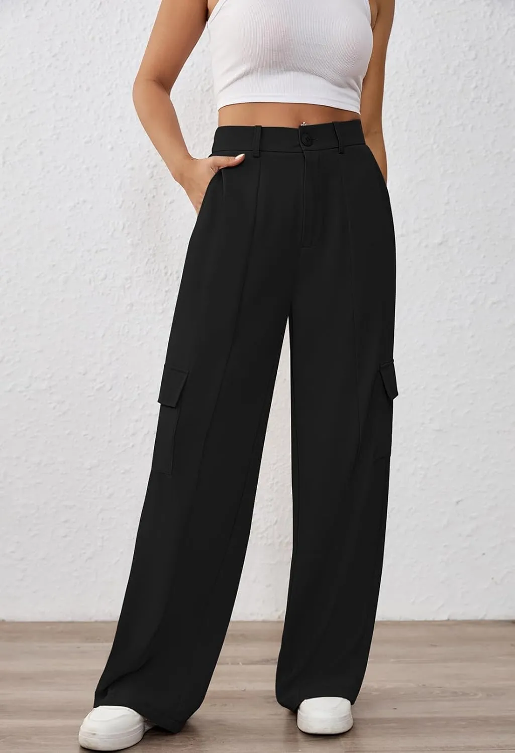 Pink Queen Women High Waisted Wide Leg Cargo Pants Button Down Loose Casual Trendy Work Trousers with 4 Pockets