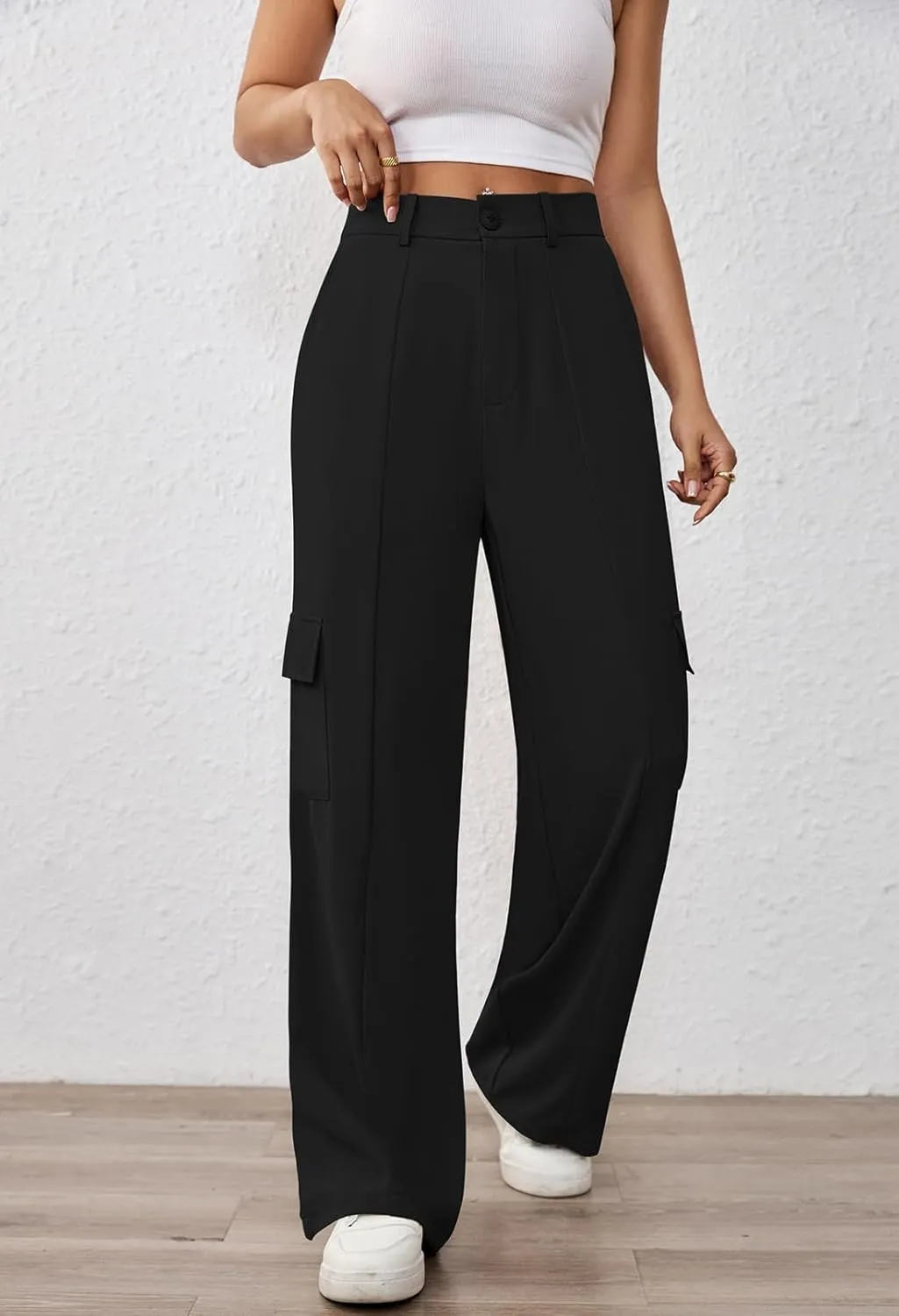 Pink Queen Women High Waisted Wide Leg Cargo Pants Button Down Loose Casual Trendy Work Trousers with 4 Pockets