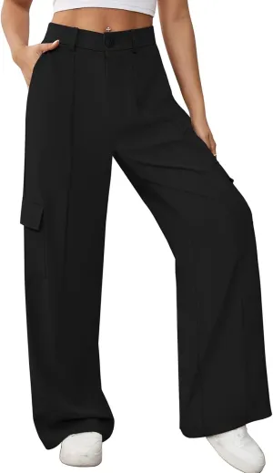 Pink Queen Women High Waisted Wide Leg Cargo Pants Button Down Loose Casual Trendy Work Trousers with 4 Pockets