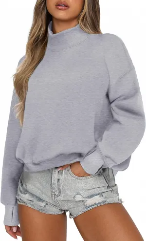 PINSPARK Sweatshirt for Women 2024 Fall Outfits Long Sleeve Fleece Top Turtleneck Sweater Shirts with Side Pockets Thumb Hole