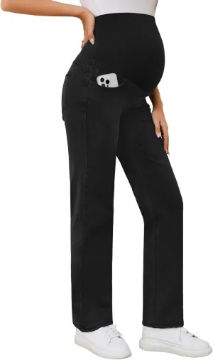 POSHGLAM Women's Maternity Jeans Straight Leg Over Belly Comfy Stretch Denim Pants, S-XXL