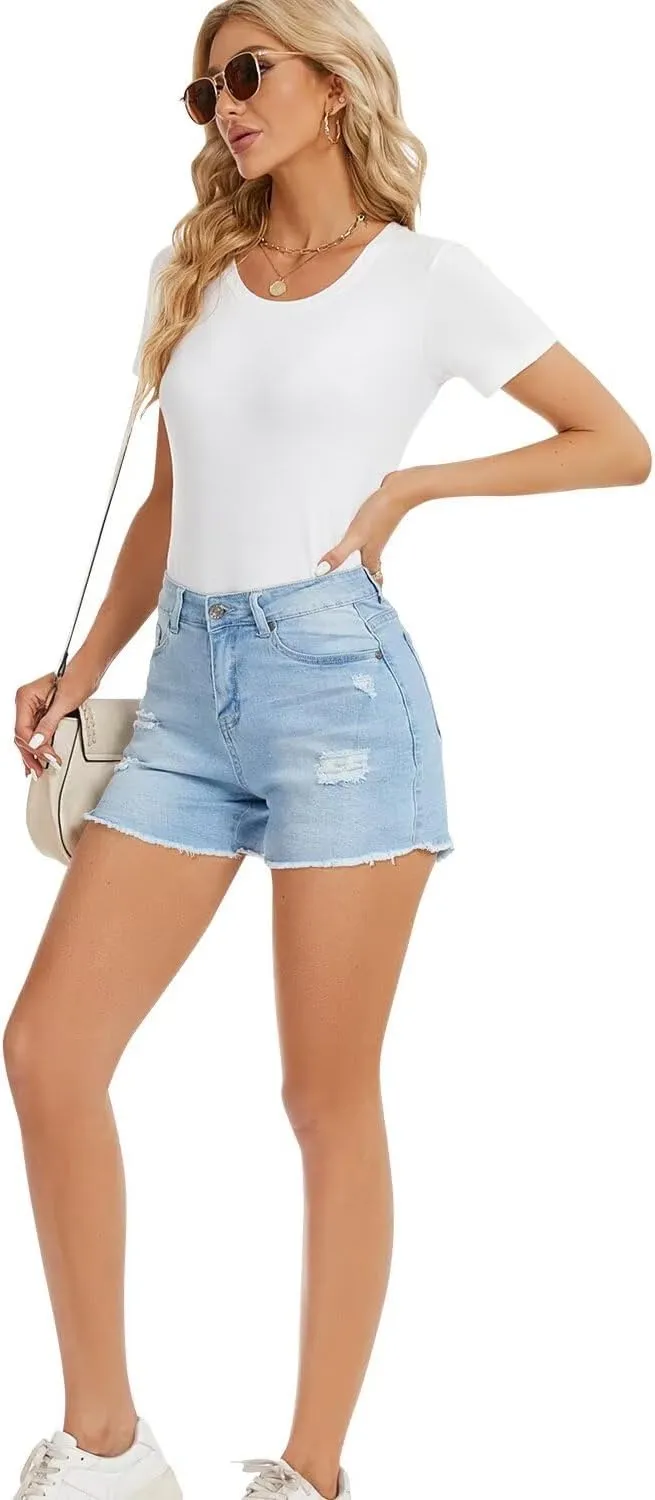 QACOHU Women's 2025 Casual Summer Denim Shorts Mid Waisted Stretchy Ripped Jean Shorts Casual Shorts