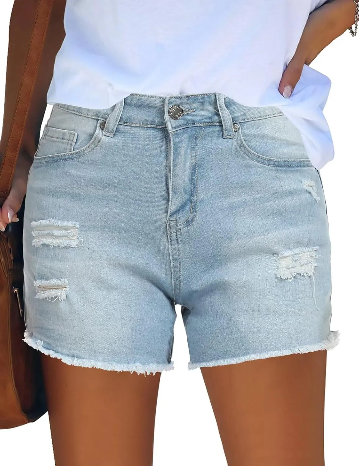 QACOHU Women's 2025 Casual Summer Denim Shorts Mid Waisted Stretchy Ripped Jean Shorts Casual Shorts