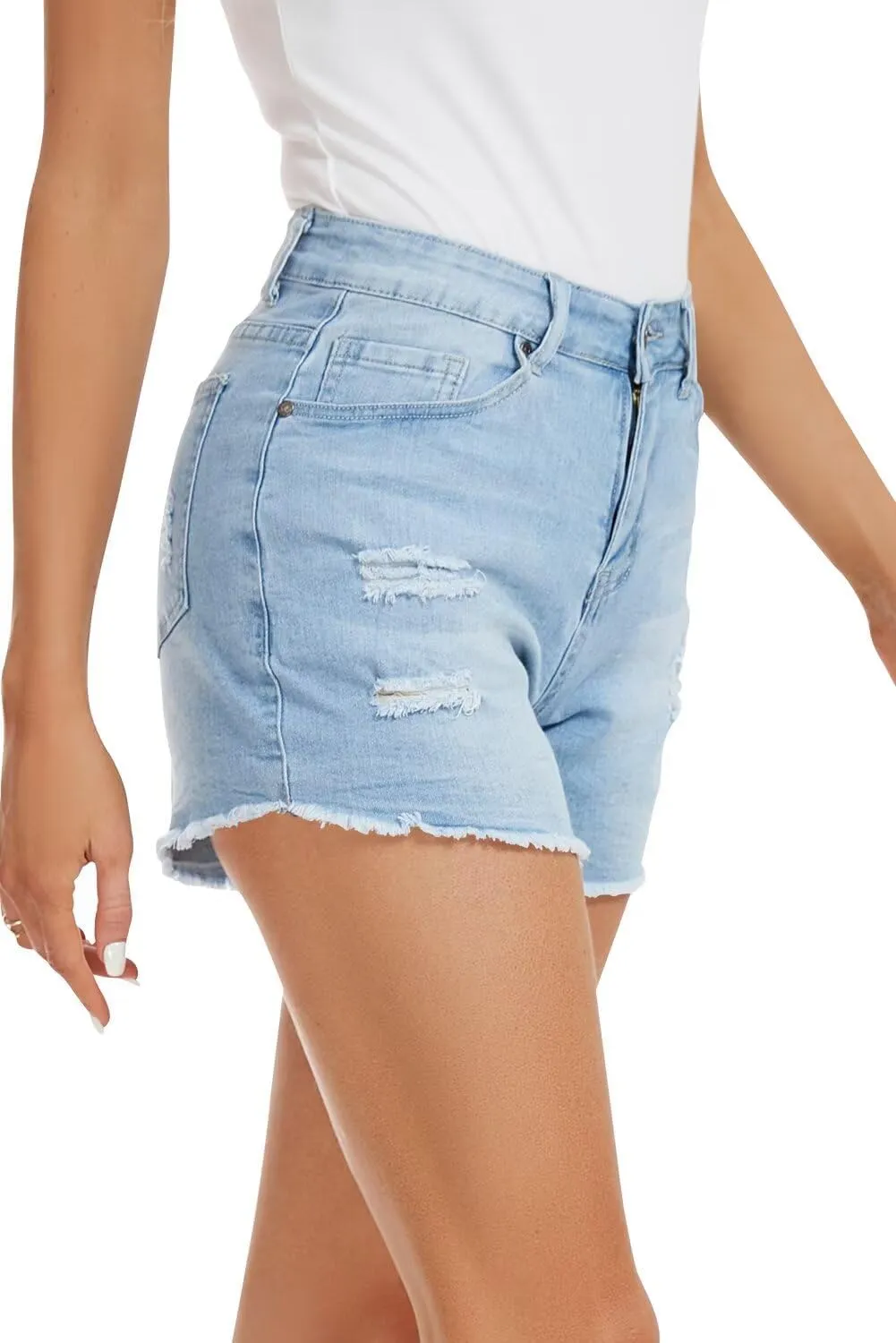 QACOHU Women's 2025 Casual Summer Denim Shorts Mid Waisted Stretchy Ripped Jean Shorts Casual Shorts