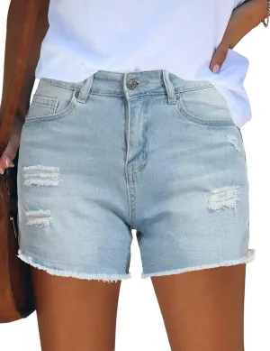 QACOHU Women's 2025 Casual Summer Denim Shorts Mid Waisted Stretchy Ripped Jean Shorts Casual Shorts